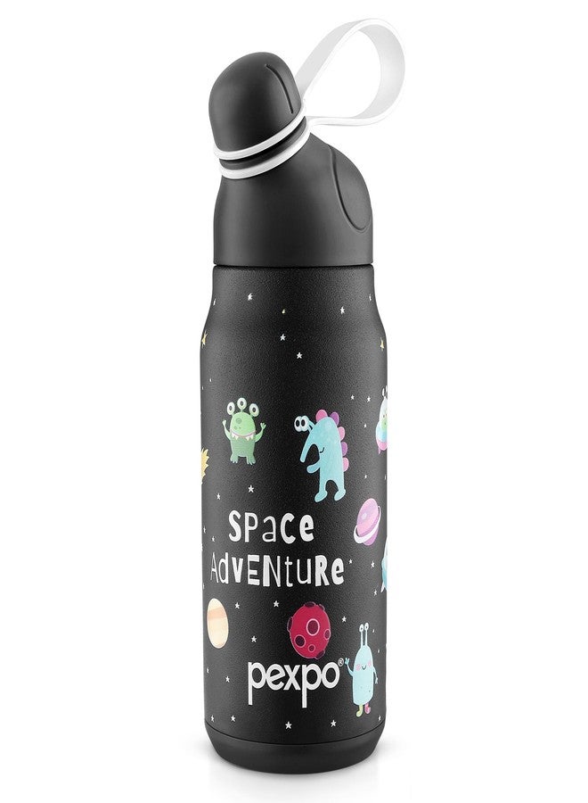 Pexpo Piano 450 ISI Certified Stainless Steel Water Bottle for School Kids - 420ml | 6+ Years Age |Hot & Cold | with Sipper Cap |Double Wall | for Picnic, Outing - Black Space Printed - Image 1